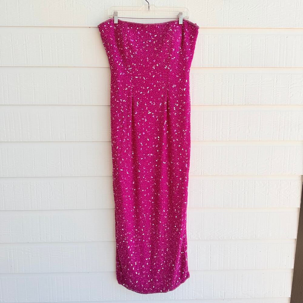 Vintage 90s Scala Silk Beaded Sequin Gown XL Fuchsia Strapless Formal Dress